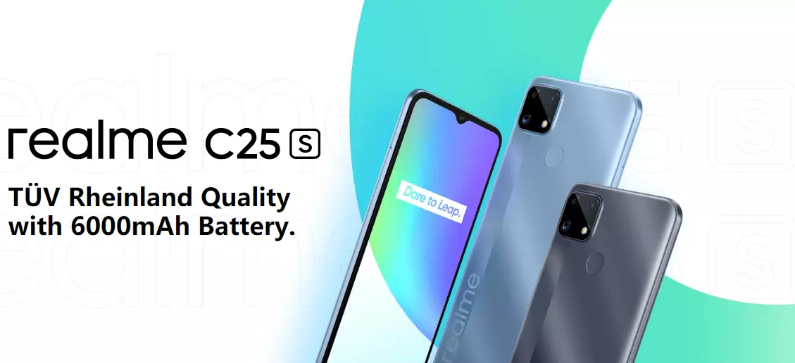 Realme c25s main image with 3 different color of phones