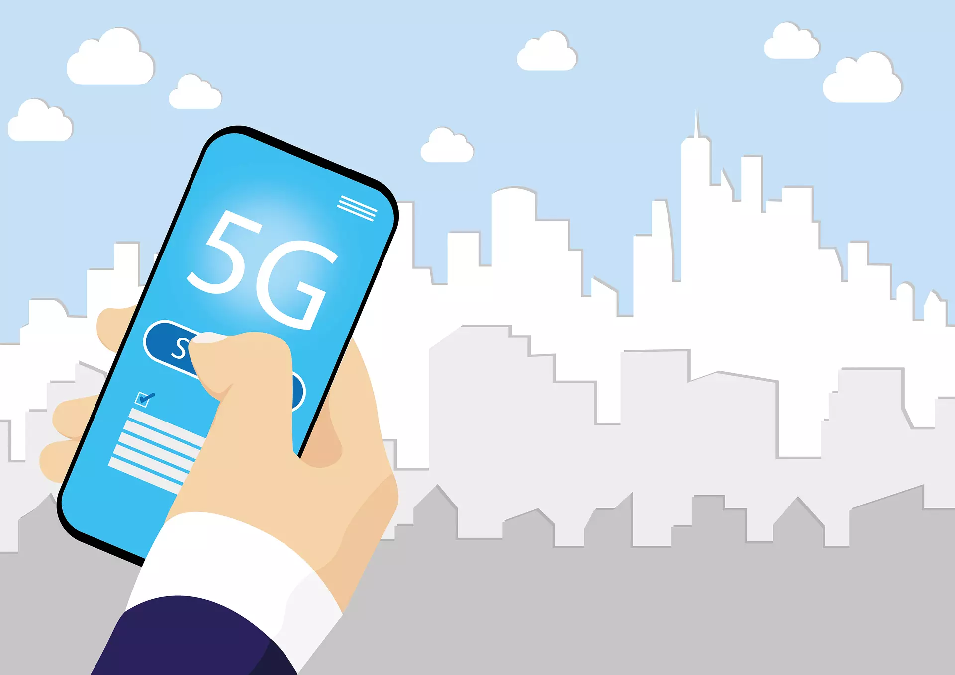 Upcoming 5G Mobile Phones Featured Image. A male hand hold the phone in a vector and 5G is written on the screen of mobile