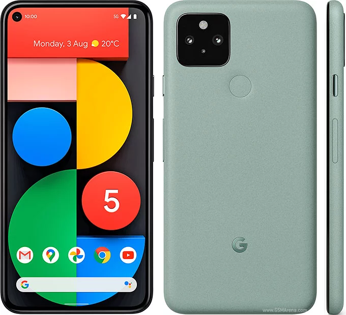Google Pixel 5 5G 3 phones are showing front back and side view of the phone