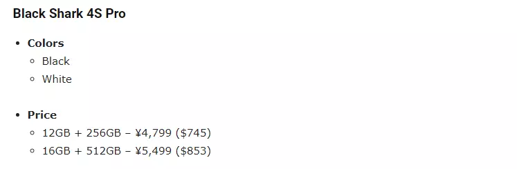 Black Shark 4S Pro Price