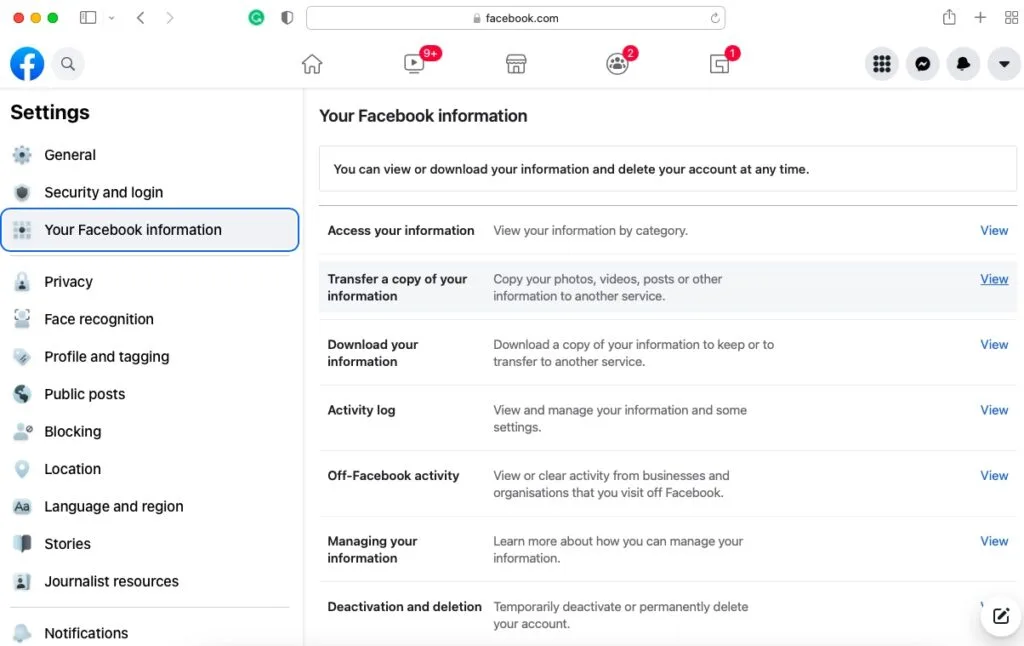 A screenshot of Facebook’s “download information” page