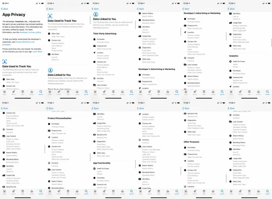 A screenshot of Facebook’s privacy report from the App Store