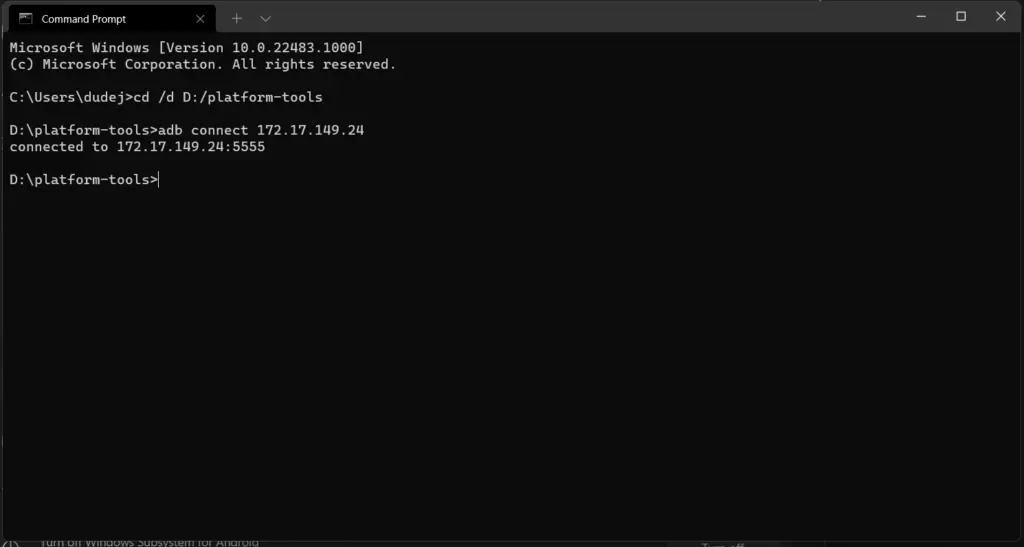 Connect to Windows Subsystem for Android via ADB.