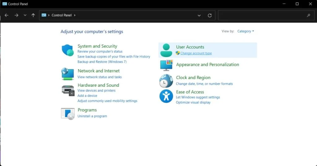 Changing account type in Control Panel.
