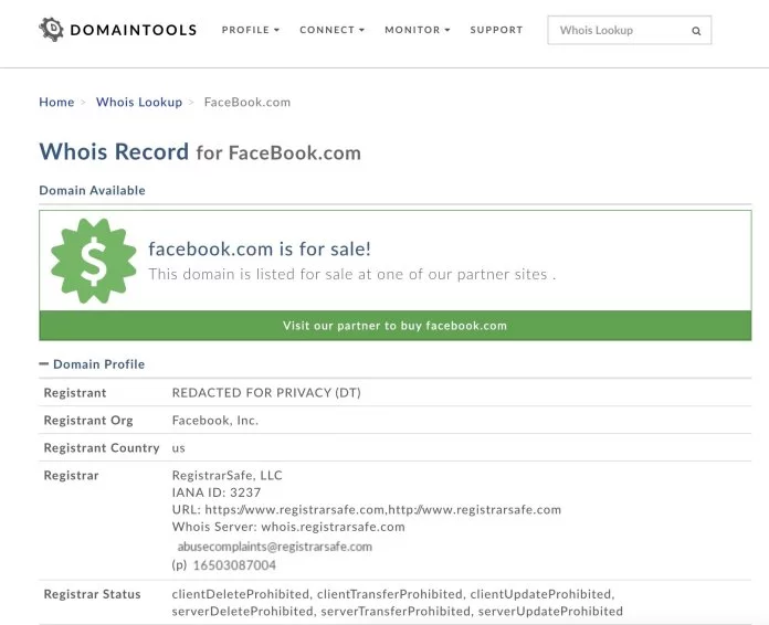 Facebook domain for sale listed on hosting website