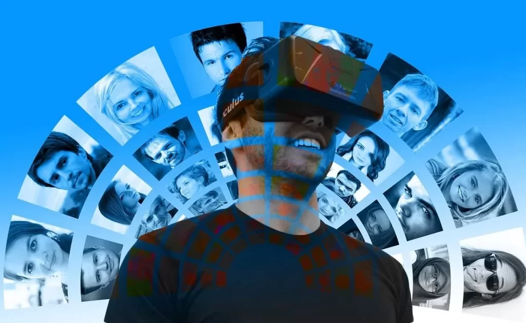 A man wearing VR headset and watching pics