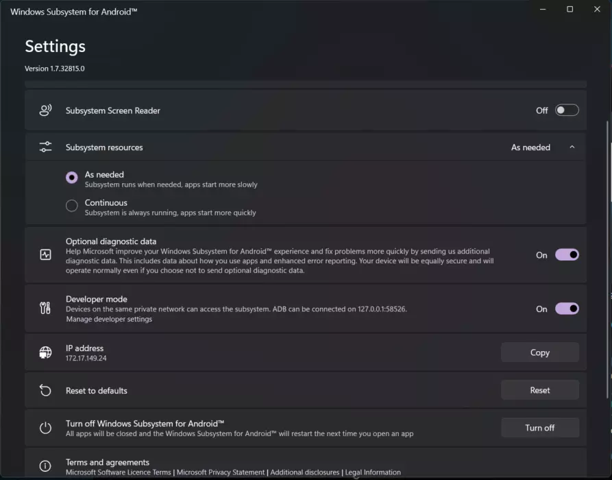 Turn on the developer mode on WSA.