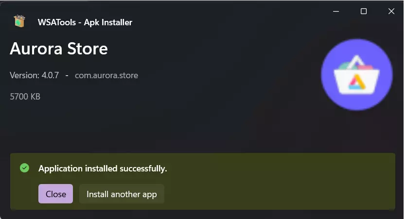 Application installed successfully message screen