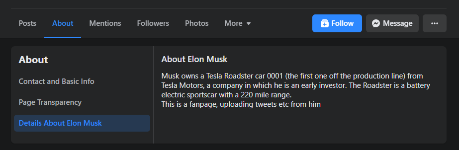 The “About” section of Elon Musk’s fan page.