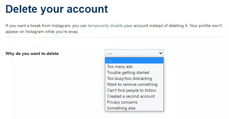 Instagram Account Deleting Reason Selection Page