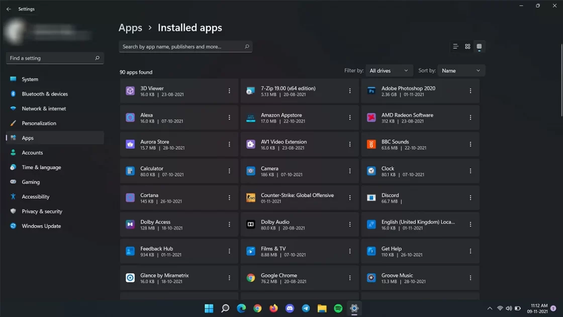 Installed Apps in Windows 11 in Detailed View