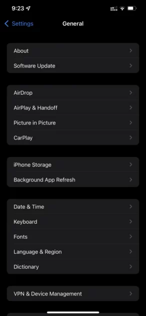 iPhone Settings Screen
