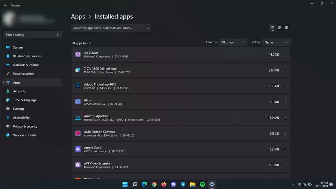 Manage Installed Apps in Windows 11 - Installed Apps in Windows 11 in List View