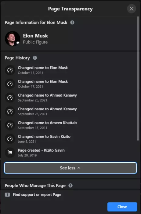 Page history showing various name changes.