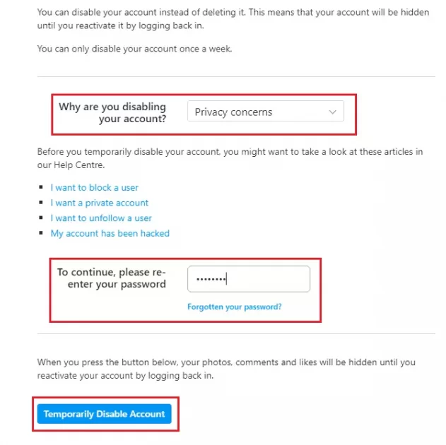 Instagram account deactivation windows