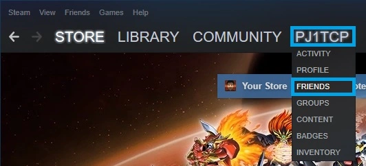 Steam app homepage friends drop-down menu