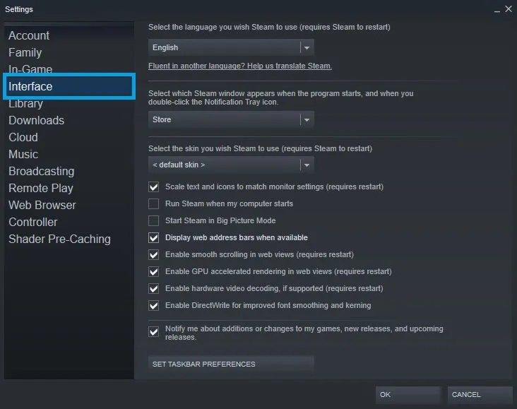 steam settings menu