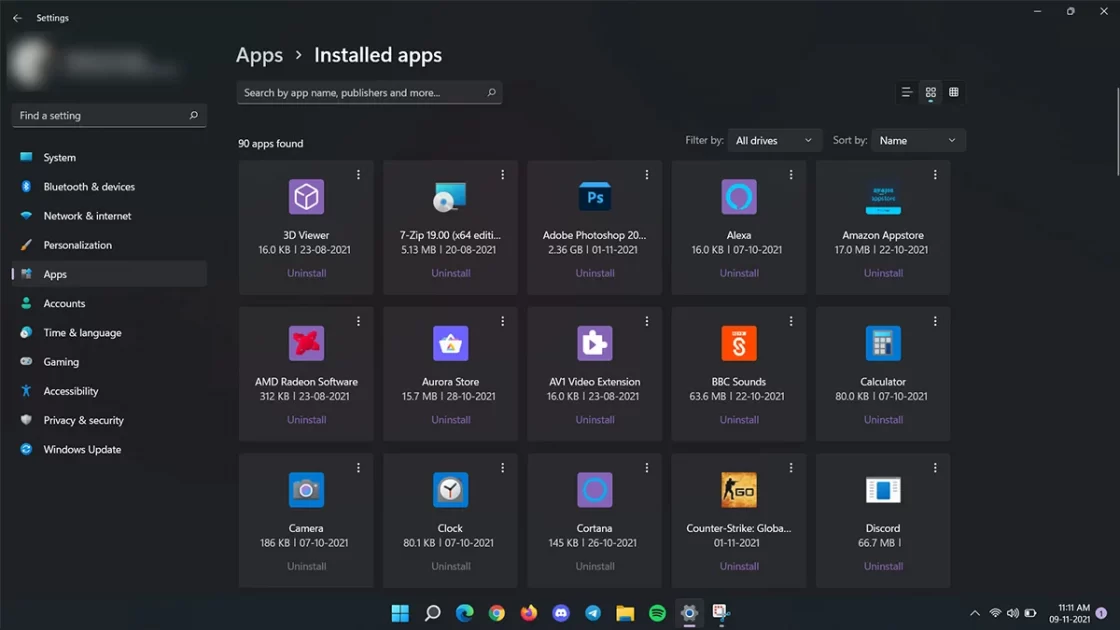 Installed Apps in Windows 11 in Thumbnail View