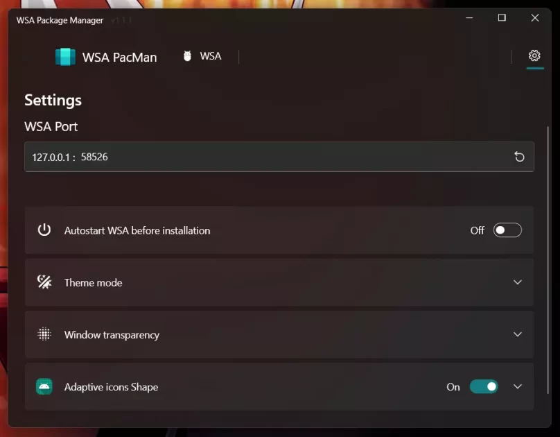 WSA PacMan App Interface