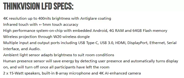 Lenovo Thinkvision LFD Specs