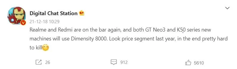 Dimensity 8000 leak tweet by digital chat station