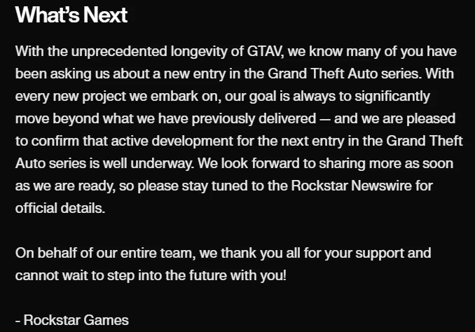 The official announcement of Rockstar Games about GTA 6 release.