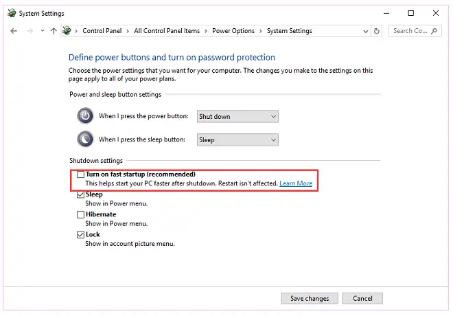Disable Fast Startup Option in Windows 10