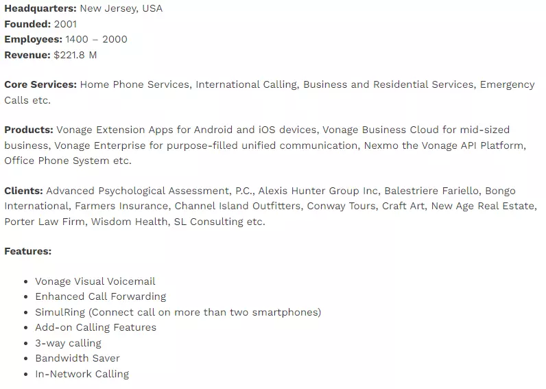 Vonage Specs