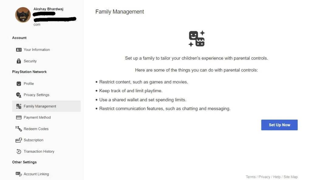 Setting account on Playstation 5